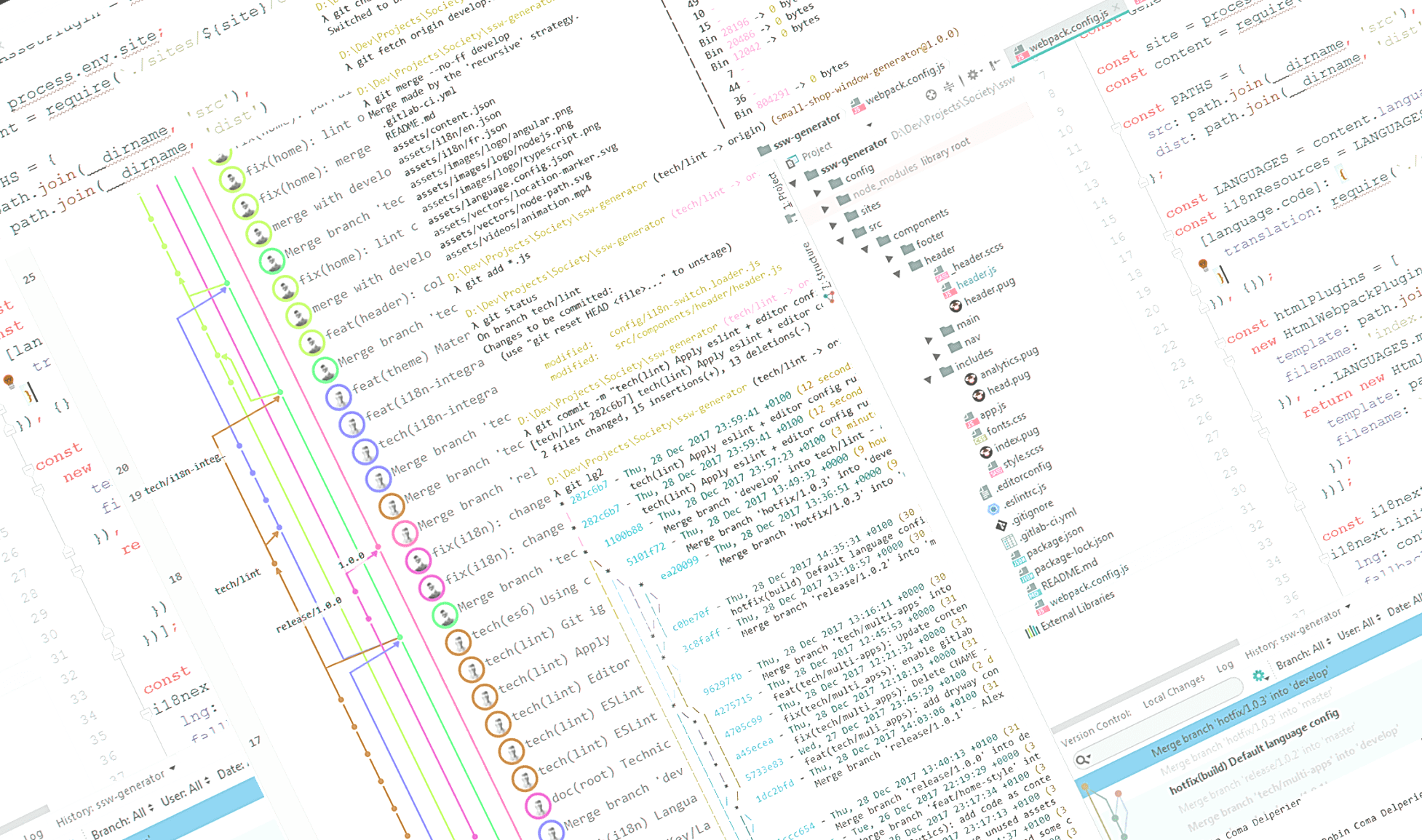 Combination between IDE + console + Git graph